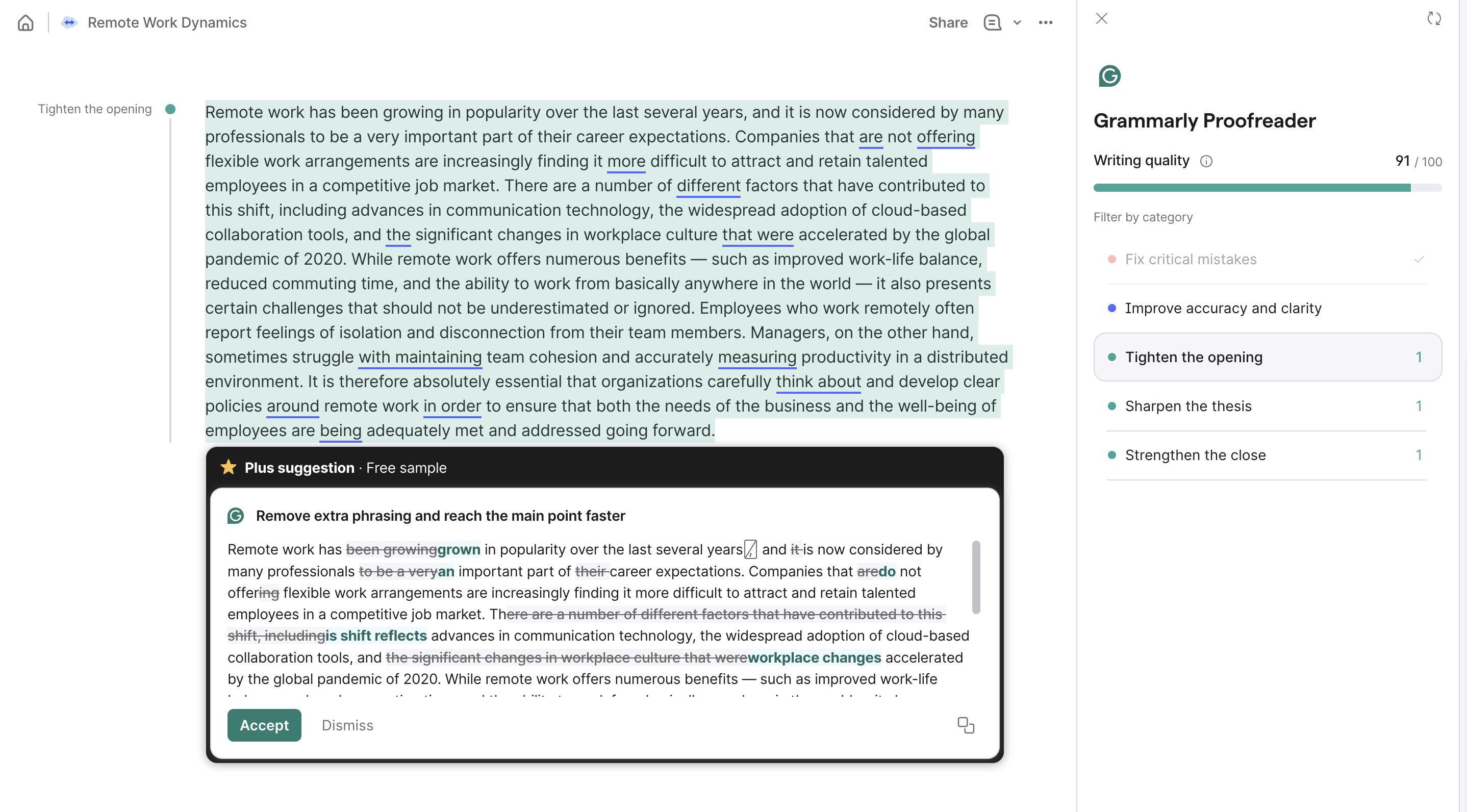 Grammarly proofreader showing 91/100 writing quality score with a suggestion to tighten the opening and rewrite for clarity
