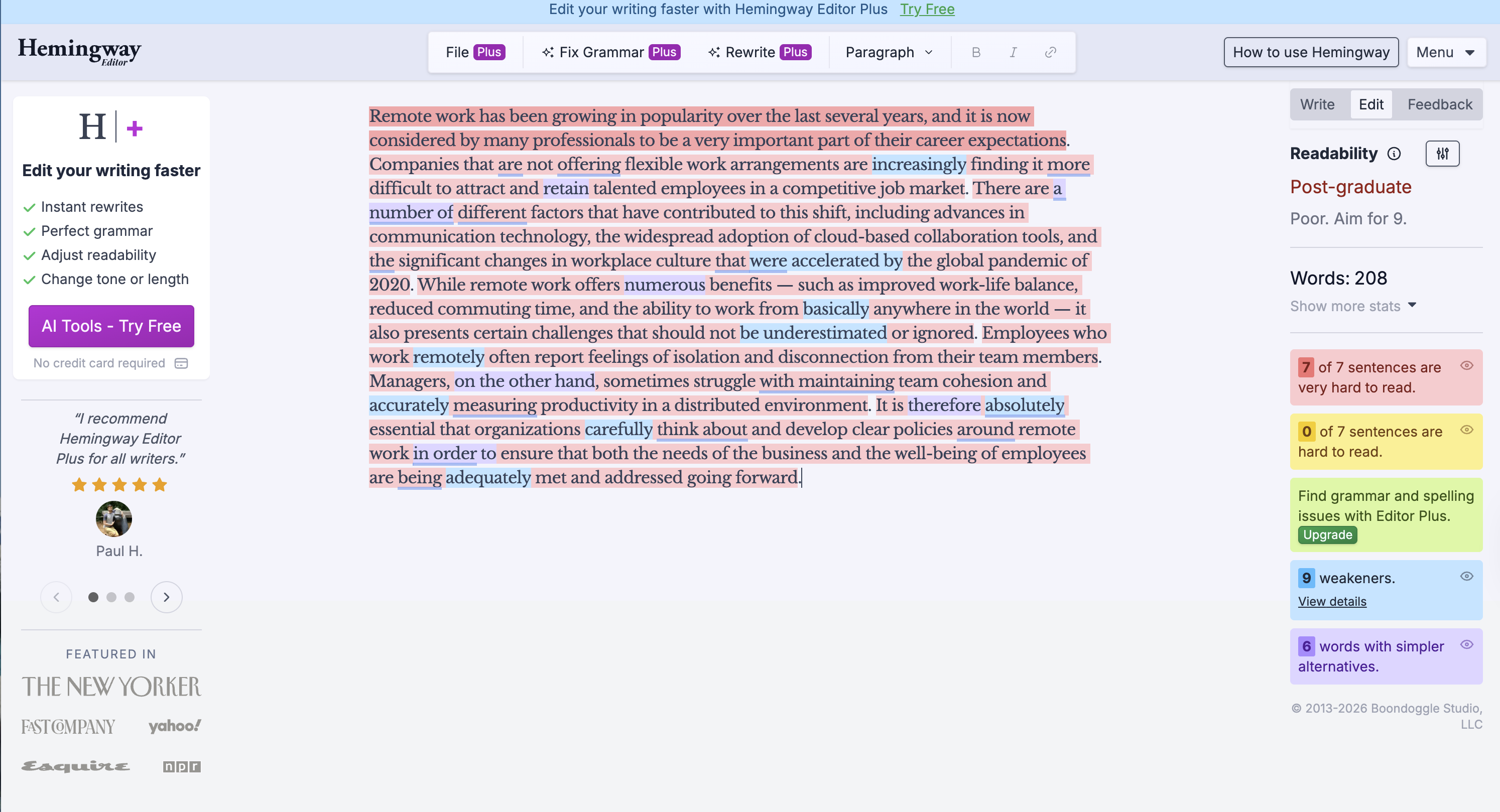 Hemingway Editor showing Post-graduate readability rating with 7 of 7 sentences very hard to read and 9 weakeners highlighted