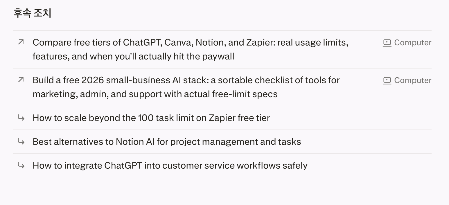 Perplexity AI showing five suggested follow-up questions including comparing free tiers and building a free AI stack checklist