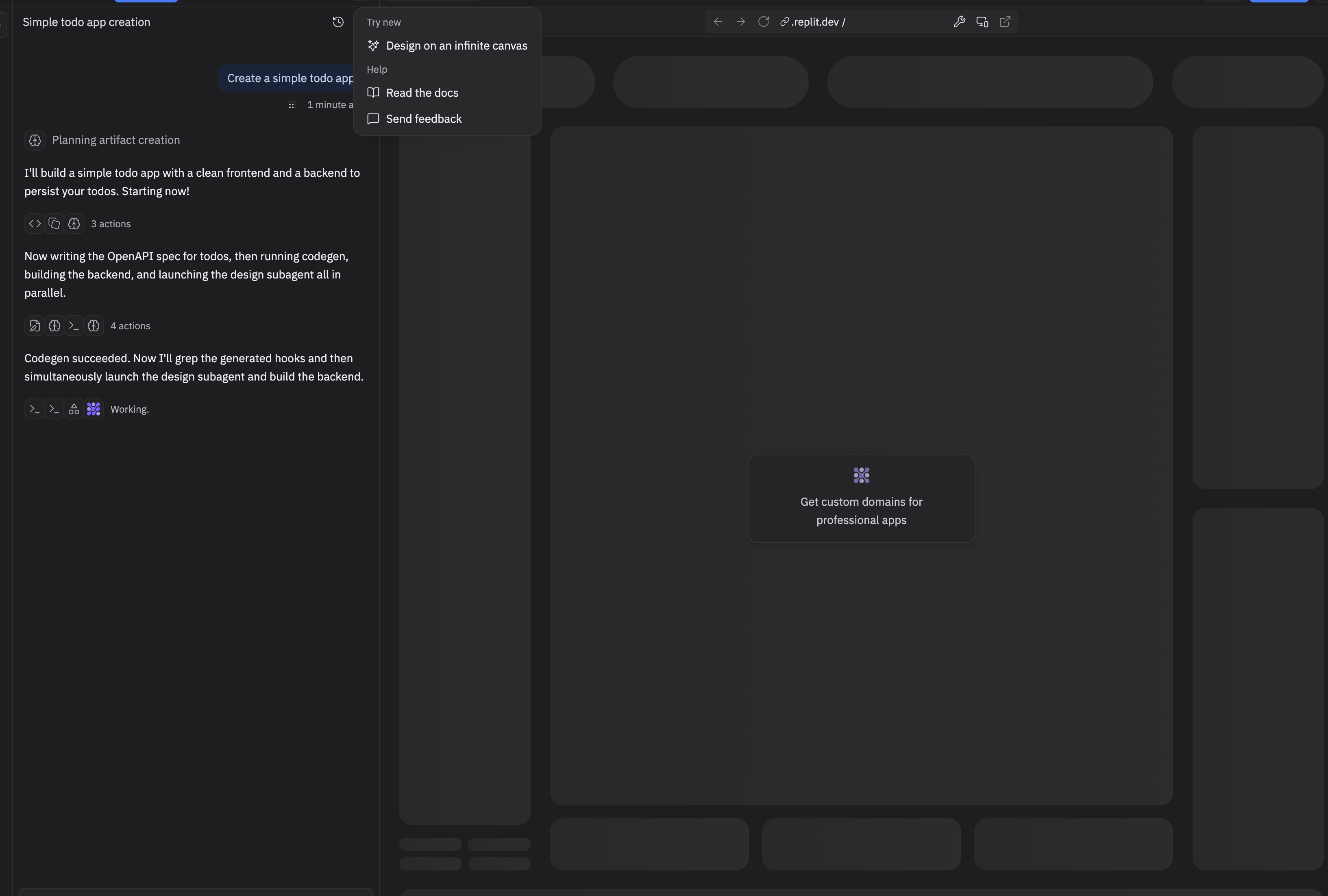 Replit AI building screen showing the agentic process log with parallel agent steps: planning artifact creation, writing OpenAPI spec, running codegen, launching design subagent and backend simultaneously