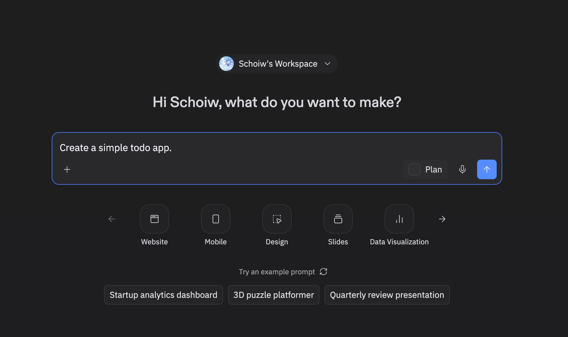 Replit AI home screen showing the prompt input field with Create a simple todo app typed, and app type options including Website, Mobile, Design, Slides, and Data Visualization below