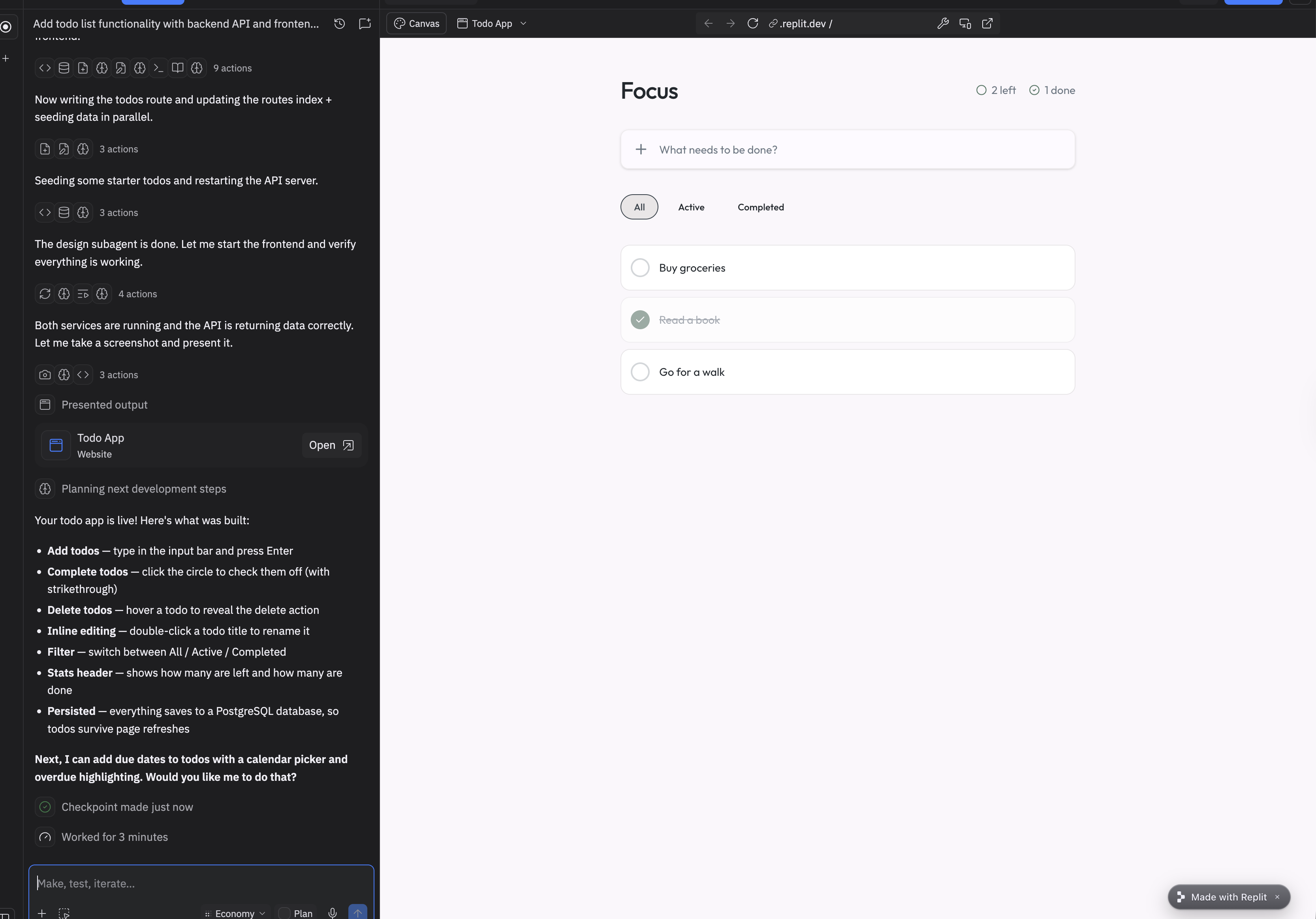 Replit AI final todo app result showing a working web app called Focus with todo items, filter tabs for All Active Completed, and a feature summary listing add complete delete inline edit filter stats and PostgreSQL persistence